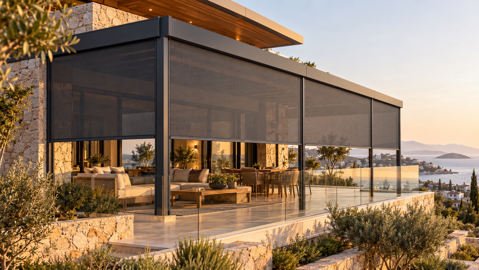 Cam balkon ve terasta uygulanmış koyu renk zip perde sistemi